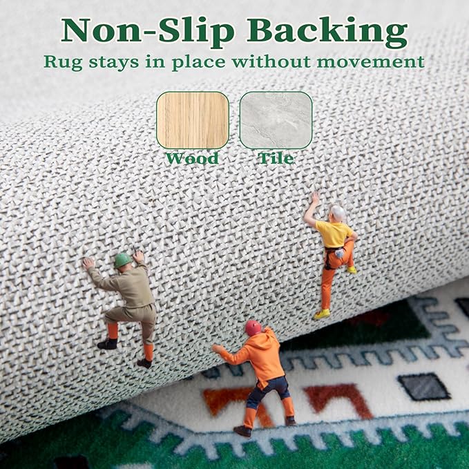 SERISSA Area Rug 3x5 Boho Rugs for Bedroom, Washable Non-Slip Living Room Rug, Ultra Soft Print Distressed Vintage Green White Rug Low-Pile Throw Carpet for Entry Kitchen Bedroom Nursery Dorm Decor