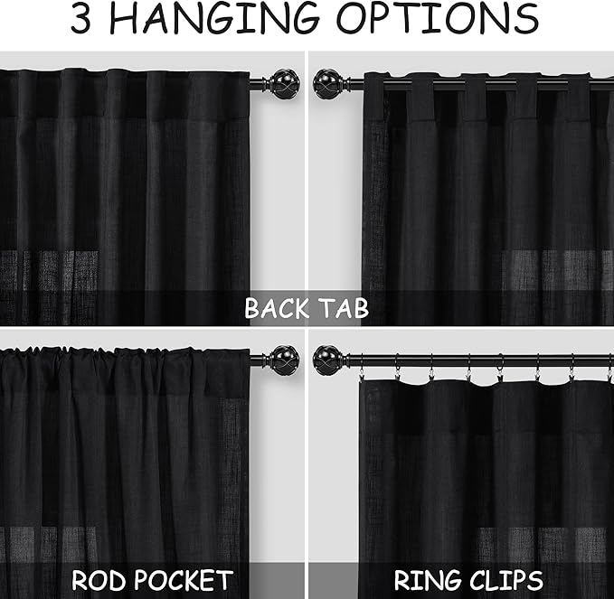 Solid Black Curtains 96 Inches Long 2 Panel Set Back Tab Sheer Black Linen Curtain Modern Farmhouse Muslin Look Cotton Textured Gauze Curtains 96 inch Length for Patio Sliding Door Office Bedroom