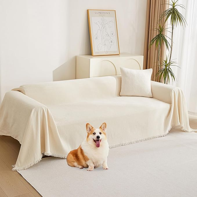 MYSKY HOME Loveseat Cover Beige Couch Cover Sectional Couch Covers for 2 Cushion Couch Sofa Thick Universal Chenille Sofa Cover with Tassel Durable Furniture Protector for Dogs 91" x 118"