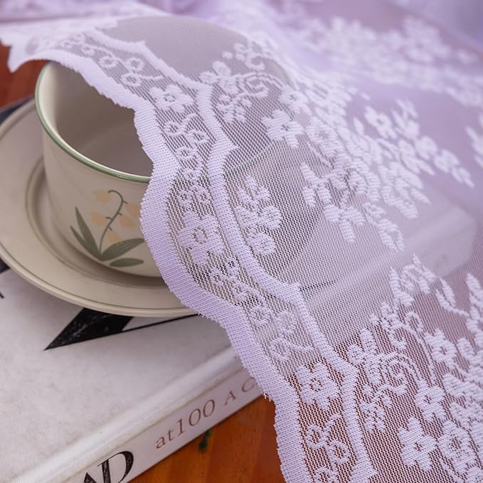 YJ YANJUN Vintage Lace Curtains 54 Inch Length-Victorian Floral Pattern Lavender Sheer Curtain Panels for Living Room Bedroom,Light Filtering, Romantic Girly Drapes 2 Panels 52W x 54L Light Purple