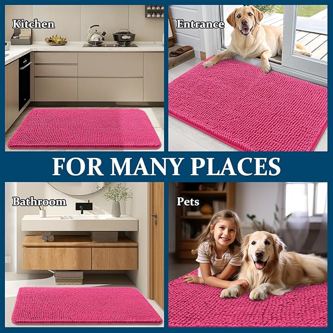 OLANLY Dog Door Mat for Muddy Paws 70x24, Absorbs Moisture and Dirt, Absorbent Non-Slip Washable Doormat, Quick Dry Chenille Mud Mat for Dogs, Entry Indoor Entryway Carpet for Inside Floor, Hot Pink