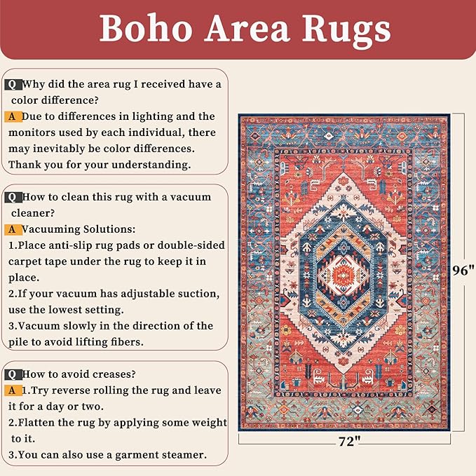 SERISSA 6x8 Area Rugs for Living Room, Large Washable Non-Slip Boho Rug, Ultra Soft Vintage Rust Oriental Tribal Print Distressed Carpet for Bedroom Dining Room Dorm Office Home Decor
