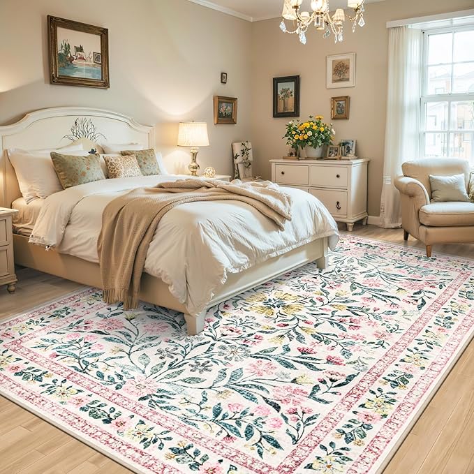 6x9 Area Rugs for Living Room: Floral Washable Rug Vintage Large Soft Boho Non-Slip Carpet Indoor Stain Resistant Thin Carpets for Bedroom Dining Room Farmhouse Nursery Hallway Home Office Pink Green