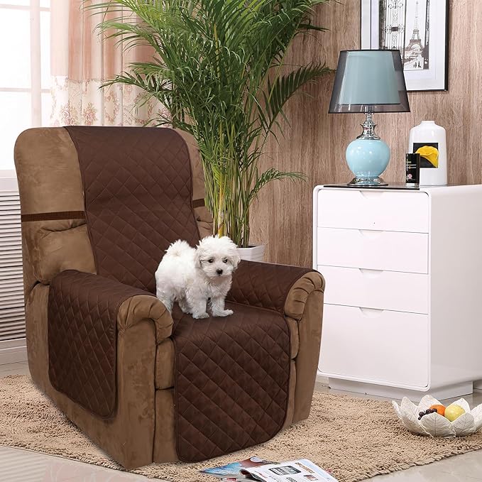 U-NICE HOME Recliner Chair Covers Reversible Quilted Water Repellent Pet Protectors with Elastic Straps (23''Recliner Small, Brown/Beige)