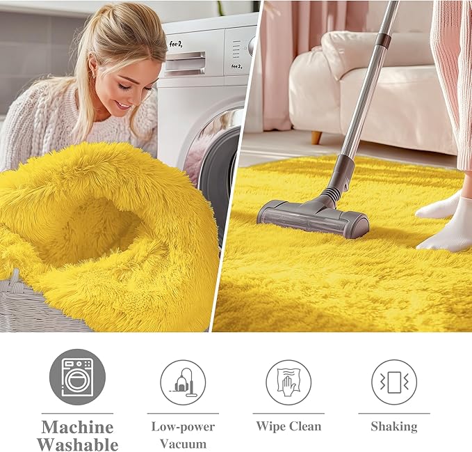 OLANLY Yellow Round Rugs for Bedroom - Machine Washable, 6 ft Circle Area Rugs for Living Room, Soft and Fluffy Shaggy Carpet for Teen Girl and Boys, Nursery Rooms, Dorms, Home Decor Aesthetic