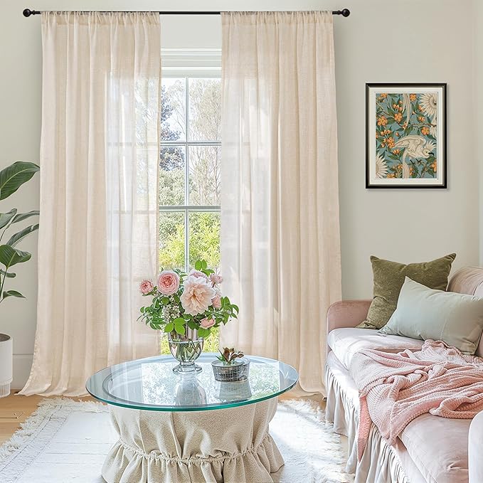 BGment Natural Tan Linen Curtains 80 Inches Long for Living Room - Light Filtering Window Drapes with Rod Pocket Semi Sheer for Farmhouse Bedroom Decor Rustic, 2 Panels, 52 Inch Wide Each Panel