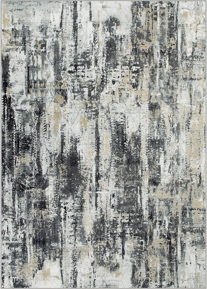 5x7 Area Rugs Washable Rug: Modern Abstract Living Room Rug Soft Anti-Skid Thin Carpet Indoor Floor Non-Shedding Carpets for Bedroom Dining Room Farmhouse Nursery Home Office Black Grey Gold