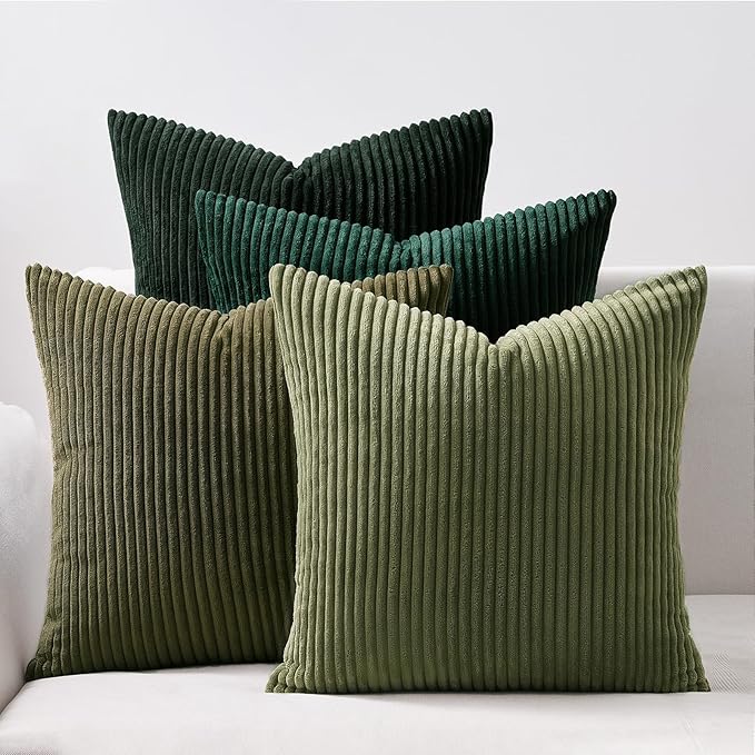 Topfinel Christmas Decorative Throw Pillow Covers Green Series,Winter Fluffy Corduroy Striped Euro Pillows Shams for Couch Bed Bedroom,Western Modern Hunter Green Pillowcase 20x20 Inch Set of 4