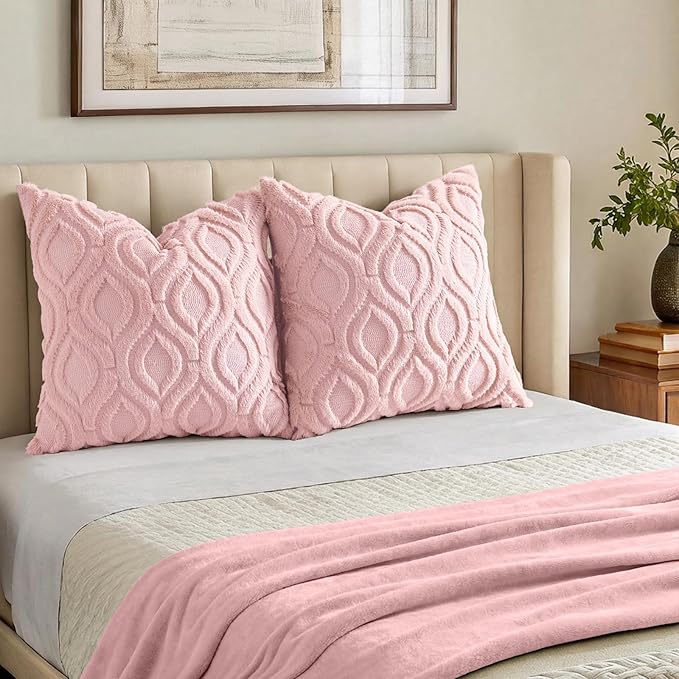 decorUhome Throw Pillow Covers 20x20 Inch Set of 2, Soft Plush Faux Wool Pink Solid Couch Pillow Covers, Accent Farmhouse Neutral Square Pillow Cases for Sofa Bed Living Room
