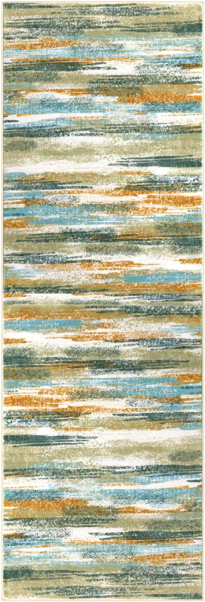 Lansny Modern Abstract Runner Rug 2x12, Green Mustard Multi Washable Long Kitchen Runner Non-Slip Soft Hallway Rug Runner Thin Print Faux Wool Carpet for Entryway Bedroom Laundry Room Indoor