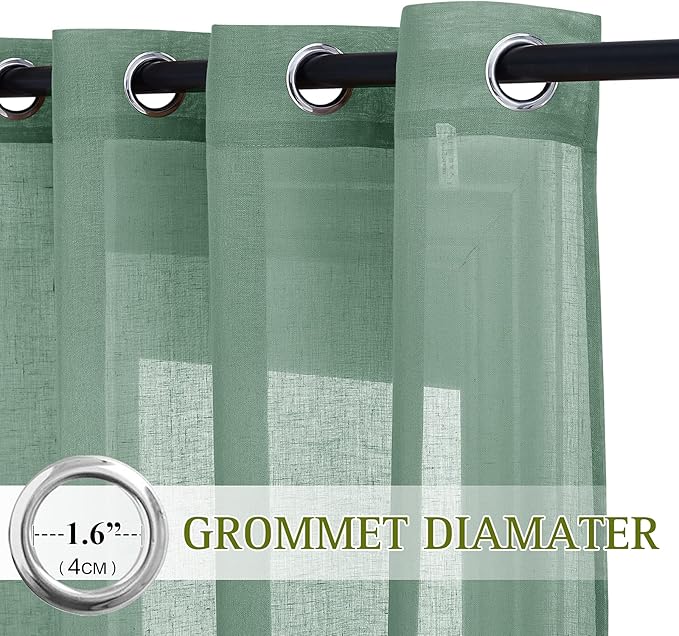 NICETOWN Olive Green Curtains Linen Sheer Texture for Living Room, Grommet Semi Sheer Linen Blend Vertical Drapes Privacy with Light Filter for Garden/Living Room, W52 x L90, 2 Panels