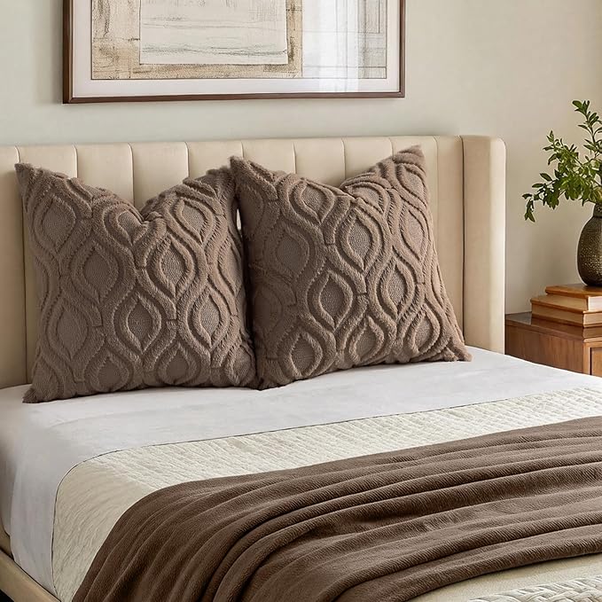 decorUhome Throw Pillow Covers 26x26 Inch Set of 2, Soft Plush Faux Wool Brown Solid Couch Pillow Covers, Accent Euro Sham Farmhouse Neutral Square Pillow Cases for Sofa Bed Living Room