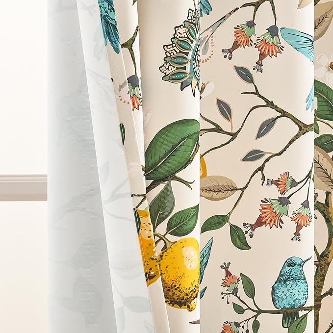 Topfinel 94 Inches Long Custom Window Treatments,Retro Art Deco Euro Flower Hummingbird Patterned Pretty Elegant Light Blocking Grommet Curtains Vintage Floral Curtains for Bedroom Playroom Room
