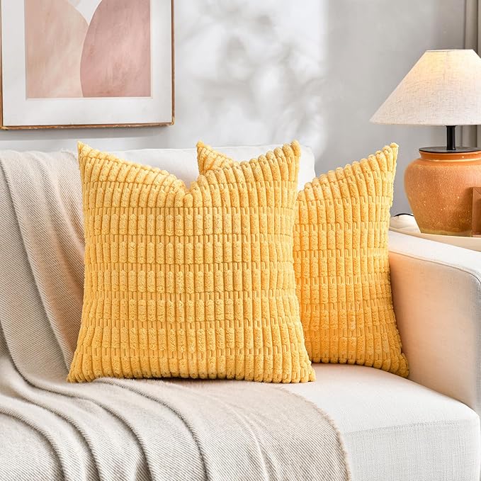 Fancy Homi Set of 4 Summer Boho Decorative Throw Pillow Covers 18x18 Inch for Couch Bed Sofa, Sage Green Yellow Room Decor, Soft Fuzzy Fluffy Cozy Corduroy Textured Cushion Case 45x45cm
