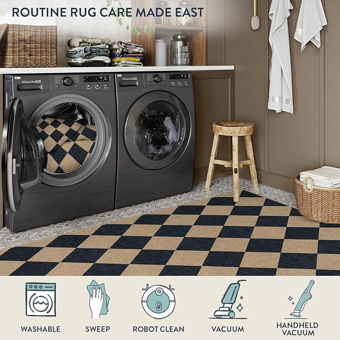 Lahome Colette Checkered Round Entryway Rug 4ft, Circle Indoor Outdoor Patio Rug Washable Farmhouse Easy Jute Kitchen Rugs, Contemporary Non Slip Round Carpet for Bedroom Front Porch