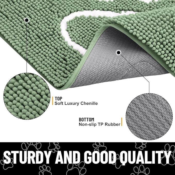 Smiry Dog Door Mat for Muddy Paws, Absorbent Dirt Trapper Non Slip Quick Dry Washable Chenille Mat for Mud Dogs, Entry Rug for Indoor and Outdoor (48x30 Inches, Olive Green and White)