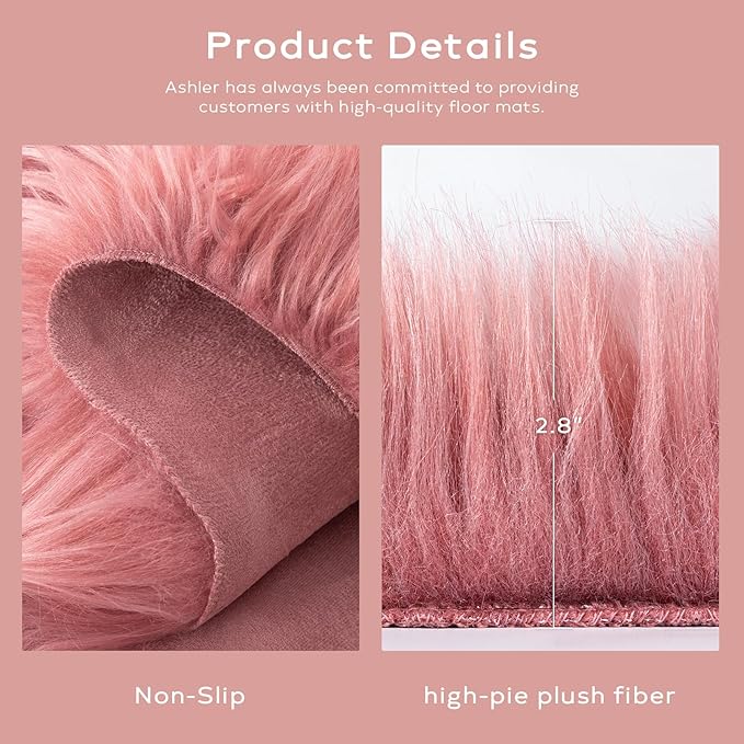 Ashler Faux Fur Rug, Fluffy Shaggy Area Rug Ultra Soft 2.3 x 3.3 Feet Sheepskin Fur Rug, Blush Pink Fuzzy Machine Washable Shag Rug, Nursery Decor Throw Rugs for Bedroom, Kids Room, Living Room