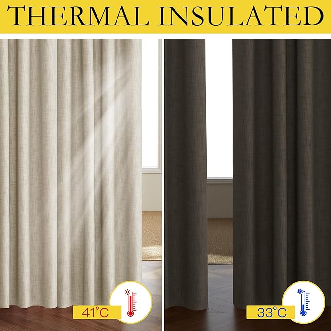NICETOWN Taupe 100% Blackout Linen Curtains 84 inch Long Burg, Farmhouse Thick Completely Blackout Window Treatment Panels Thermal Insulated Drapes for Living Room (1 Pair, 42" Width Each Panel)