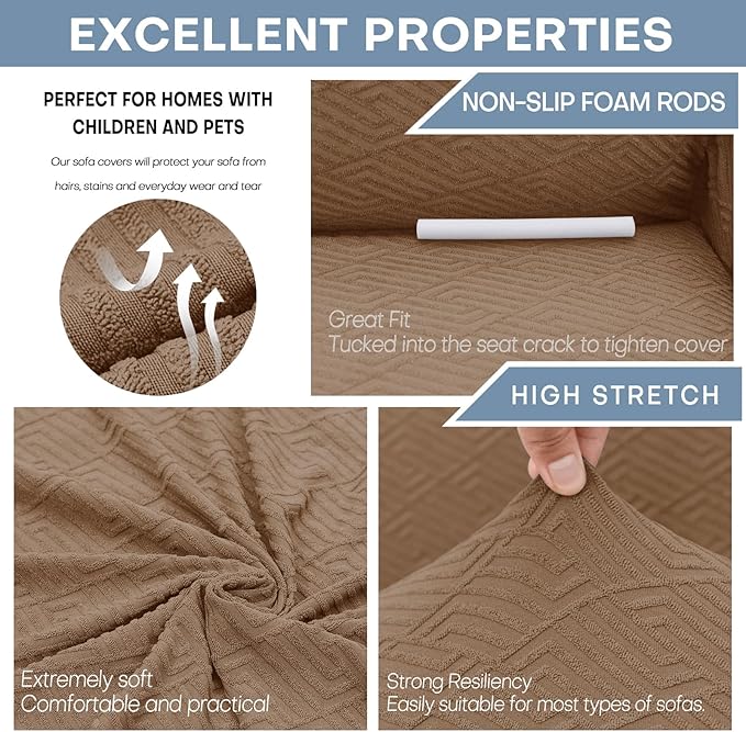 ZNSAYOTX 1 Piece Jacquard Couch Covers for 3 Cushion Couch Living Room High Stretch Sofa Cover Pets Dogs Friendly Anti Slip Thickened Slipcovers Furniture Protector (Large,New Pattern Light Coffee)