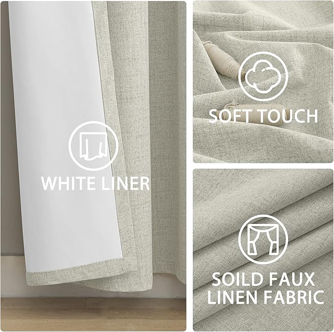 Yakamok Cream Linen Curtains 100% Blackout 90 Inches Long,Room Darkening Textured Curtains for Living Room Thermal Grommet Bedroom Curtain 2 Panels with Greyish White Liner