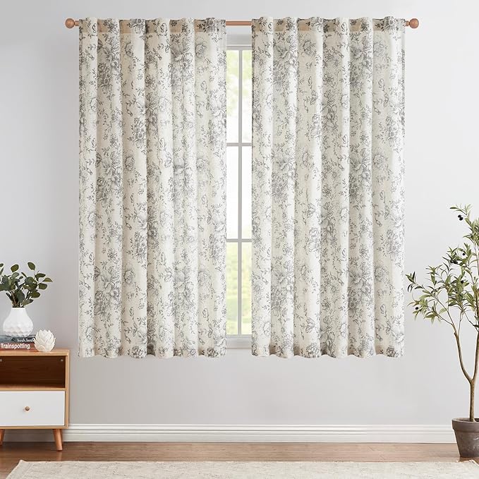 jinchan Linen Blend Curtain Floral Curtains for Living Room 63 Inch Length Grey Printed Curtain Rod Pocket Back Tab Farmhouse Peony Flower Patterned Drapes Bedroom Window Curtains Set 2 Panels