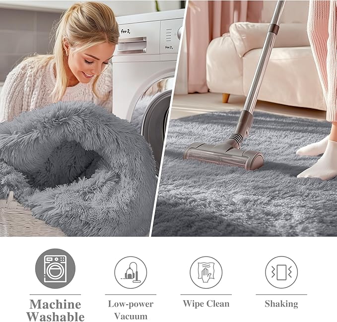 OLANLY Light Grey Round Rugs for Bedroom - Machine Washable, 4 ft Circle Area Rugs for Living Room, Soft and Fluffy Shaggy Carpet for Teen Girls and Boys, Nursery Rooms, Dorms, Home Decor Aesthetic