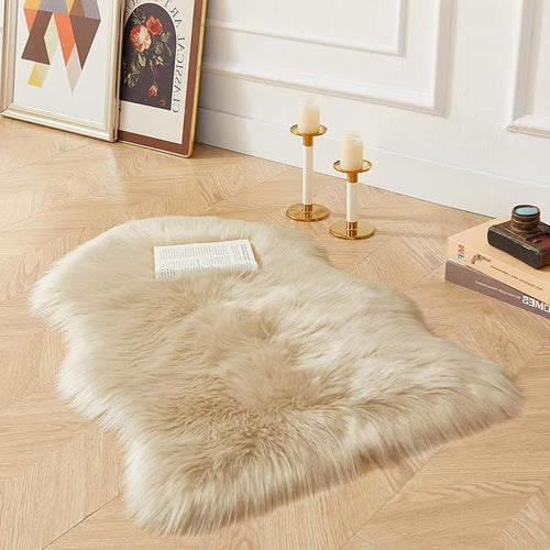 AMTOVO Faux Fur Rug, Beige Small Area Rug, Fluffy Sheepskin Rug, Fuzzy Ultra Soft 2 x 3 ft Shag Rugs for Bedroom Sofa Throw Cushion Room Decor, Sheepskin
