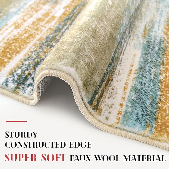 Lansny Modern Abstract Runner Rug 2x10, Green Mustard Multi Washable Long Kitchen Runner Non-Slip Soft Hallway Rug Runner Thin Print Faux Wool Carpet for Entryway Bedroom Laundry Room Indoor