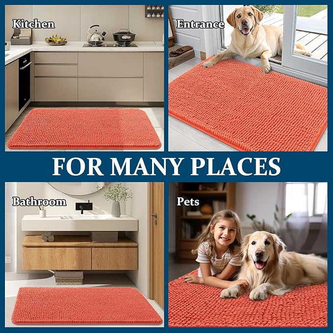 OLANLY Dog Door Mat for Muddy Paws 47x17, Absorbs Moisture and Dirt, Absorbent Non-Slip Washable Doormat, Quick Dry Chenille Mud Mat for Dogs, Entry Indoor Entryway Carpet for Inside Floor, Coral