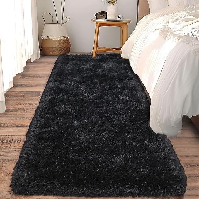 Fluffy Shag Runner Rugs for Bedroom Hallways, 2x8 Black Long Soft Throw Area Rug Non Slip for Bedside Dorm, Shaggy Furry Carpet for Nursery Living Room Home Decor
