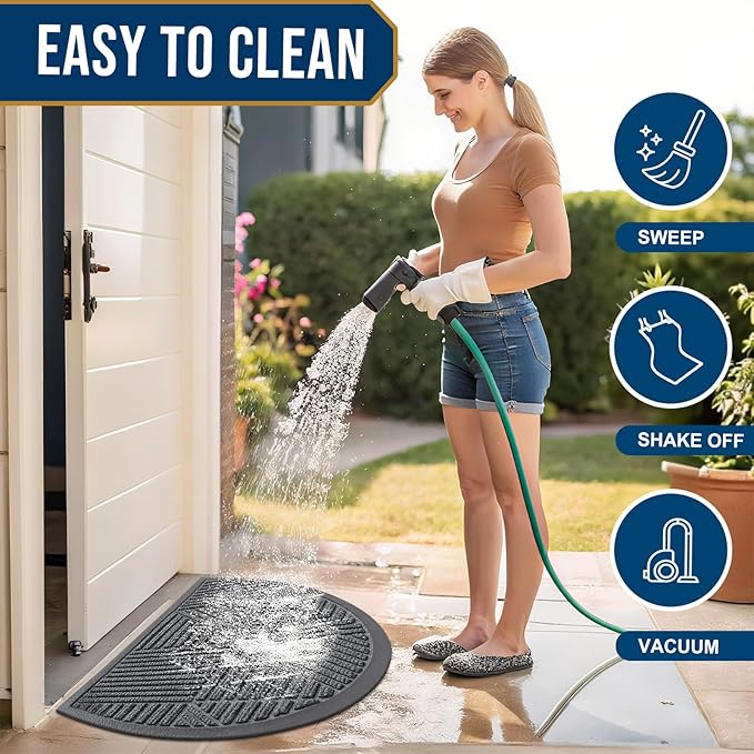 Smiry Half Circle Front Door Mat Outside Entrance, Heavy Duty Sturdy Natural Rubber Doormat, Trap Dirt and Moisture, Low Profile Mats for Indoor Outdoor Entry, Irregular Triangle (29.5x17, Grey)