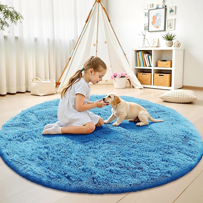 OLANLY Bright Blue Round Rugs for Bedroom - Machine Washable, 9 ft Circle Area Rugs for Living Room, Soft and Fluffy Shaggy Carpet for Teen Girl and Boys, Nursery Rooms, Dorms, Home Decor Aesthetic