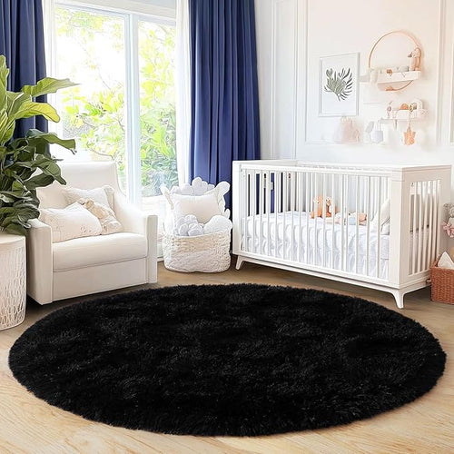 6‘x6’ Black Round Rug for Bedroom, Ultra Soft Fluffy Circle Rug for Kids Girls Boys Room, Cute Shag Rugs for Living Room Playroom Teen Room Home Decor Rug