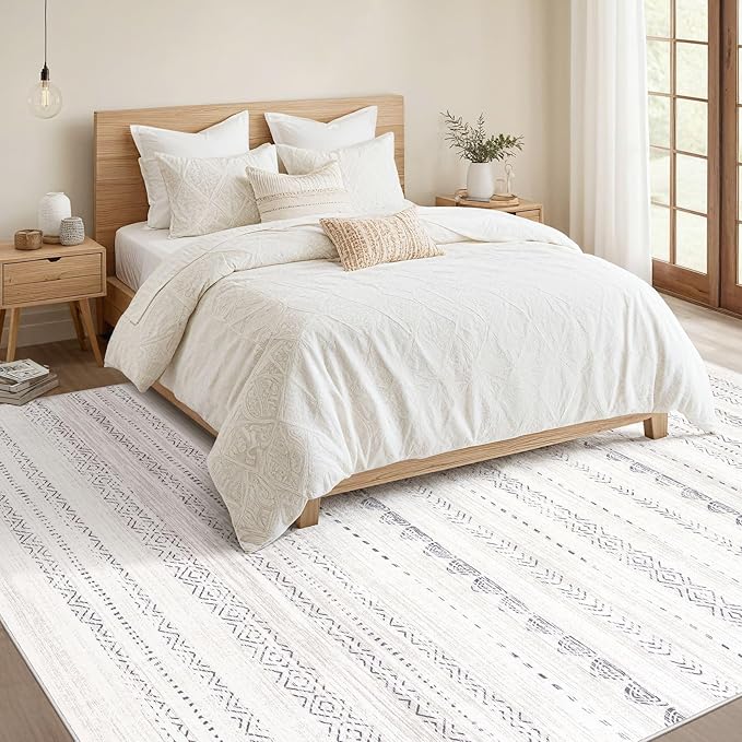 Nakagishi 8x12 Area Rugs Living Room: Washable Boho Large Neutral Soft Farmhouse Rug Stain Resistant Modern Moroccan Non-Slip Indoor Floor Carpet for Bedroom Nursery Kids Playroom Office- Gray