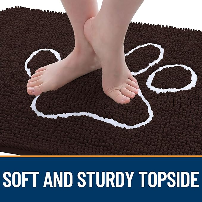 OLANLY Dog Door Mat for Muddy Paws 35x24, Paw Print Design, Absorbs Moisture and Dirt, Absorbent Non-Slip Washable Doormat, Quick Dry Chenille Mud Mat for Dogs, Entry Indoor Entryway Carpet, Brown