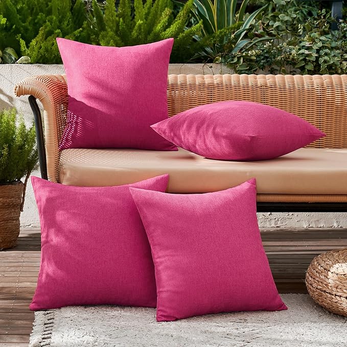 MIULEE Pack of 4 Decorative Outdoor Throw Pillow Covers Linen Waterproof Pillow Covers Farmhouse Cushion Cases for Patio Garden Tent Balcony Couch Sofa 16x16 inch Hot Pink