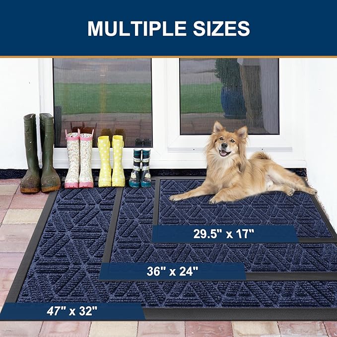 Smiry Front Door Mat Outside Entrance, Heavy Duty Sturdy Natural Rubber Doormat, Trap Dirt and Moisture, Easy Clean Low Profile Mats for Indoor Outdoor Entry, Grid Geometric (71x23, Navy Blue)