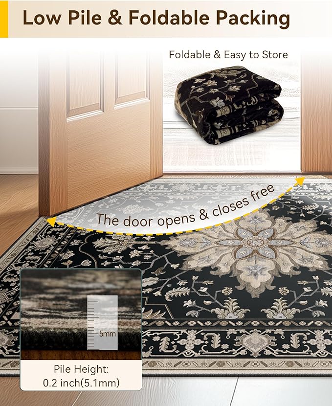 RELEANY Area Rugs 3'x7' Runner Rug Non Slip Washable for Kitchen Hallway Bedroom Beside Laundry Room Bathroom Rug, Floor Carpet, Black Brown Neutral Dark Tan