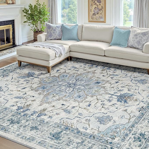 Area Rugs 7'x9' Washable Non-Slip, Floral Vintage Distress Print Pattern Medallion Carpet for Living Room Bedroom Dining Room, Light Blue Navy Beige Gray White