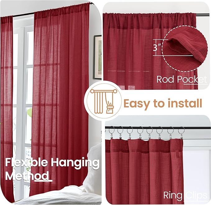 BGment Linen Burgundy Curtains 40 Inch Length for Kitchen Window, Small Semi Sheer Drapes for Cafe Over Sink Bathroom Lightweight Rod Pocket Light Filtering, 2 Panels Set, Each 30 Inch Wide
