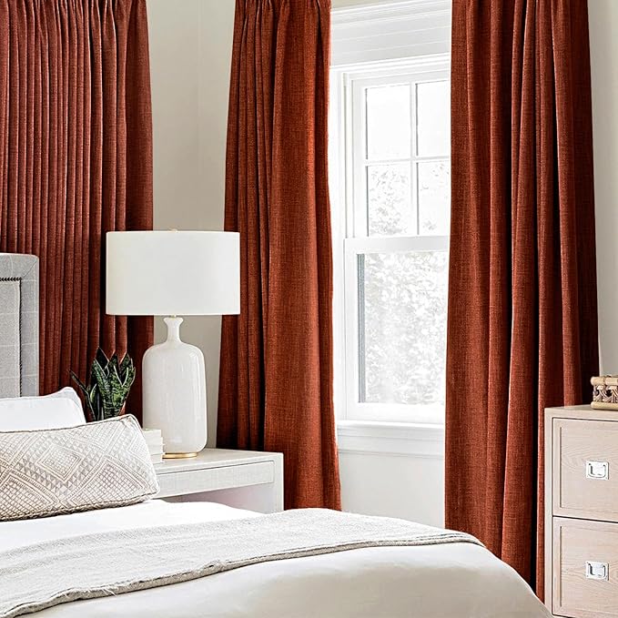 MIULEE 100% Blackout Linen Curtains for Bedroom Thermal Insulated Burnt Orange Grommet Room Darkening Curtains & Drapes Rust Terracotta Fall Decor for Living Room Nursery 52 x 108 Inch (2 Panels)