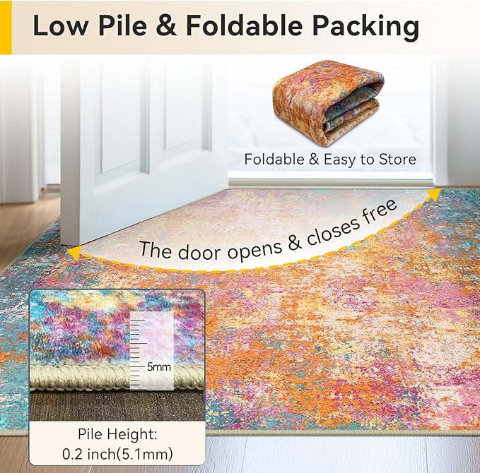 Washable Area Rugs 2'x6' Non-Slip Modern Abstract Soft for Living Room Entryway Bedroom Nursery, Print Pattern, Orange Blue Pink Yellow Colorful