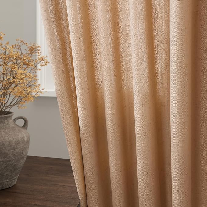Extra Long Camel Linen Curtain 108 Inches Long 2 Panels Set Back Tab Drapes for Living Room Lively Farmhouse Light Filtering Semi Sheer Linen Curtains 108 Inch Length for Large Window 52x108