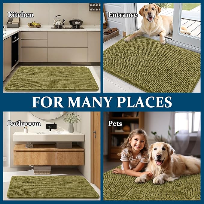 OLANLY Dog Door Mat for Muddy Paws 59x35, Absorbs Moisture and Dirt, Absorbent Non-Slip Washable Doormat, Quick Dry Chenille Mud Mat, Entry Indoor Entryway Carpet for Inside Floor, Willow Green