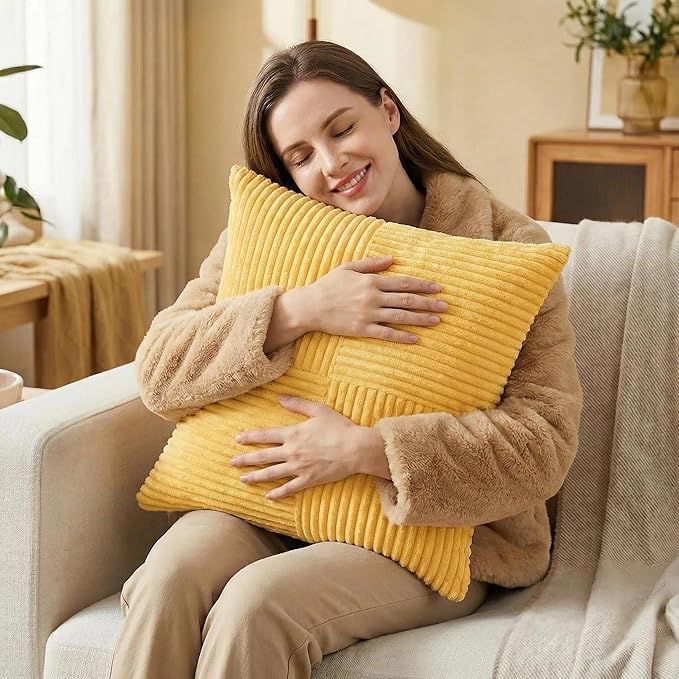 Fancy Homi 2 Packs Yellow Decorative Throw Pillow Covers 20x20 Inch for Living Room Couch Bed Sofa, Rustic Farmhouse Boho Home Decor, Soft Corss Corduroy Patchwork Accent Square Cushion Case 50x50 cm