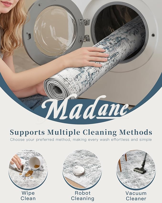 Madane 5x7 Area Rugs Washable Rug: Vintage Living Room Rug with Non-Slip Backing Low Pile Rugs Soft Indoor Floor Thin Carpet Non Shedding Carpets for Bedroom Dining Room Farmhouse Blue/Grey