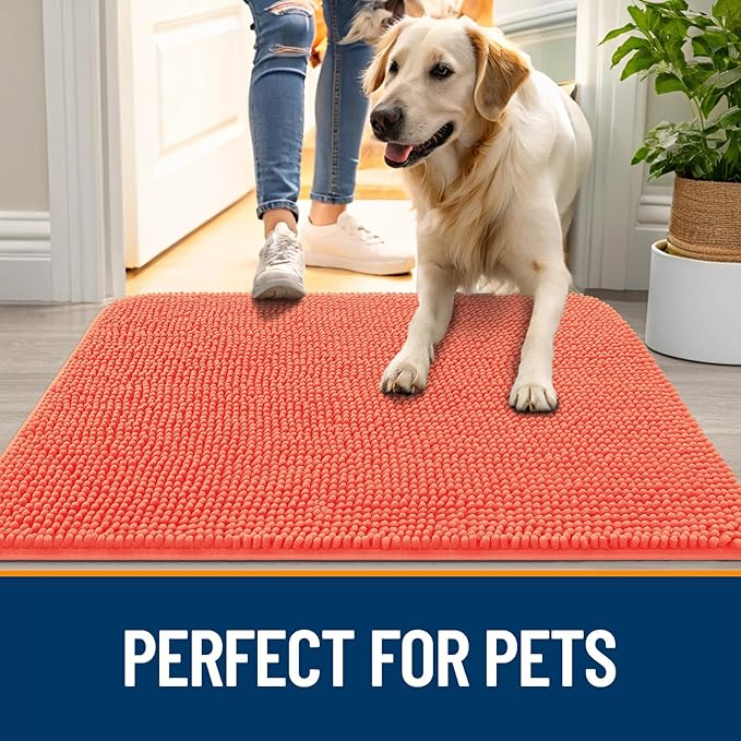 OLANLY Dog Door Mat for Muddy Paws 45x27, Absorbs Moisture and Dirt, Absorbent Non-Slip Washable Doormat, Quick Dry Chenille Mud Mat for Dogs, Entry Indoor Entryway Carpet for Inside Floor, Coral