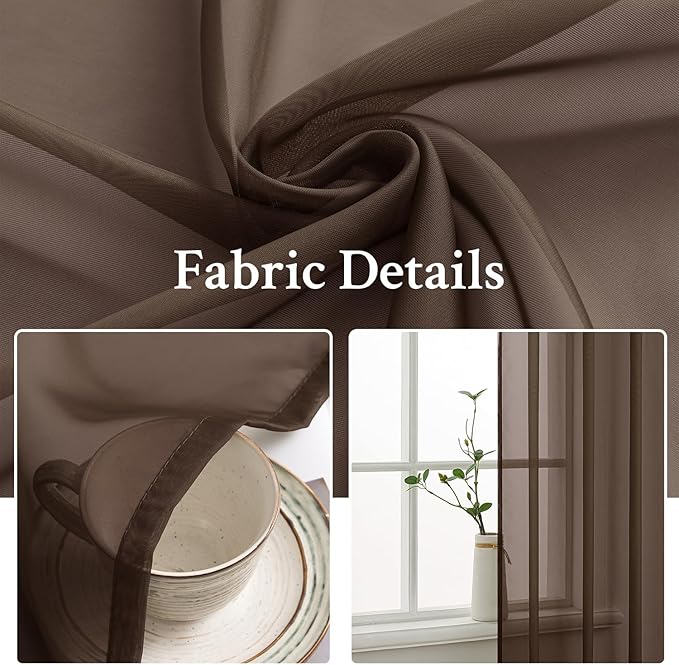 MIULEE Chocolate Brown Sheer Curtains 90 Inches Long 2 Panels, Light Filtering Voile Drapes with Rod Pocket for Bedroom and Living Room Windows