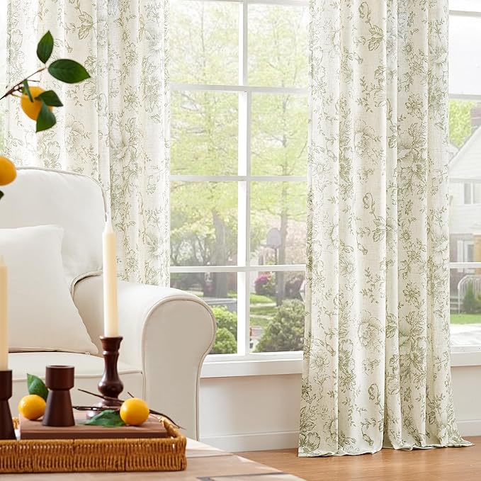 jinchan Linen Blend Floral Curtains for Living Room 90 Inch Length Farmhouse Printed Curtain Rod Pocket Back Tab Sage Green Peony Flower Patterned Drapes Bedroom Curtains Set 2 Panels
