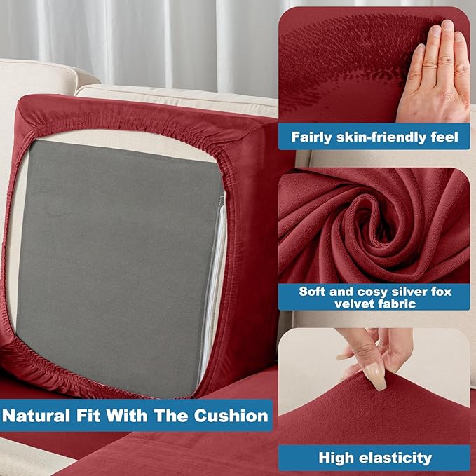 Couch Cover 4-Piece Elastic Velvet Couch Cushion Covers & Chaise Slipcovers for L-Shaped Sofas, Sofa Seat Covers Washable, Soft Cover for Couches (3 Seater + Chaise, Christmas Red)